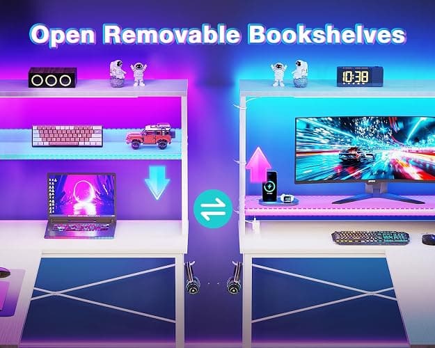 AODK L Shaped Desk Gaming Desk with LED Light & Power Outlet, 53 Inch Reversible L Shaped Computer Table with Shelf, Corner Desk with Storage Bag&Hook for Home Office Desk, White thumbnail 6