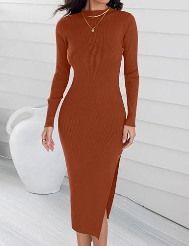 ZESICA Women's 2025 Ribbed Knit Dress Long Sleeve Mock Neck Slim Fit Side Slit Fall Elegant Sweater Dresses thumbnail 3