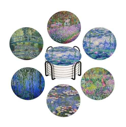 6 Pcs Drink Coasters with Holder, Claude Monet Water Lilies Absorbent Round Ceramic Coaster for Tabletop Protection, Home Decor Coasters for Coffee Cup Beverage Wine Beer Bar - Image 1