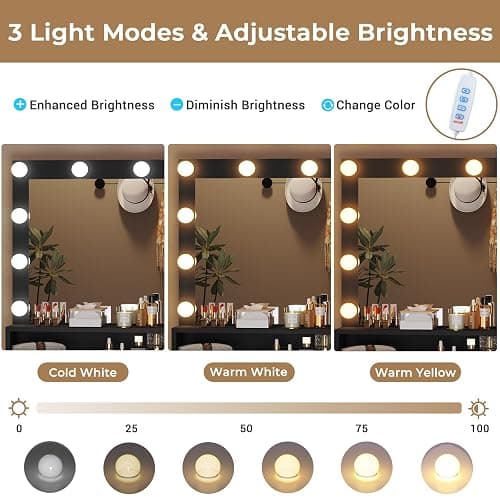 Tiptiper Large Makeup Vanity with Lights and Charging Station, Vanity Desk with Mirror and Lights, Vanity Table with Nightstand, Makeup Table with 5 Drawers & Storage Shelves, Black and Gold thumbnail 4