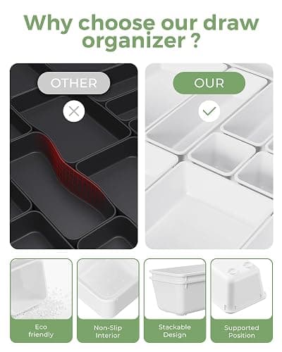 BiuLeon 25 PCS Plastic Drawer Organizers Set, 4-Sizes Vanity and Makeup Organizer, Desk and bathroom Drawer Organizer Trays, Organizers and Storage for Makeup, Jewelry, Gadgets, Utensils (White) thumbnail 6