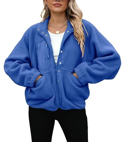 Yanekop Womens Fleece Jacket Fuzzy Long Sleeve Short Winter Coats Button Down Sherpa Jacket Outerwear with Pockets thumbnail 3