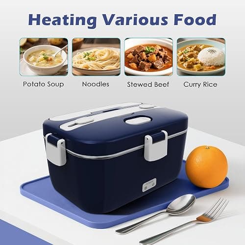 COZYEXPERT 100W Electric Lunch Box Food Heated 12V 24V 110V Fast Food Warmer Heater for Car/Truck/Home Portable Food Heating Boxes with 1.8L 304 SS Container 0.45L Compartment(Royal Blue+White) thumbnail 4