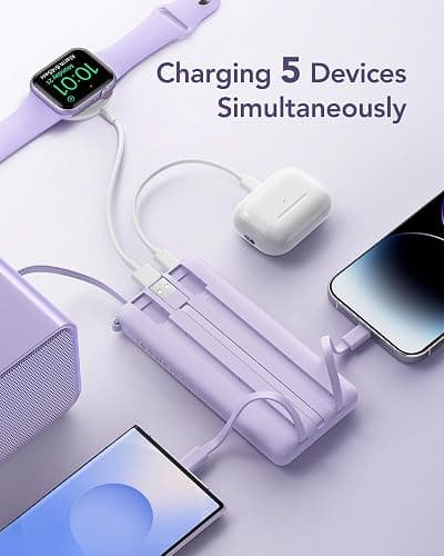 VRURC Portable Charger Power Bank, 10000mAh Travel Essentials Battery Pack, 5 Outputs 2 Inputs Slim Charging Bank Built-in Cables Cords for iPhone 17 16 15 14 13,Samsung,Android-Lavender(1 Pack) thumbnail 8