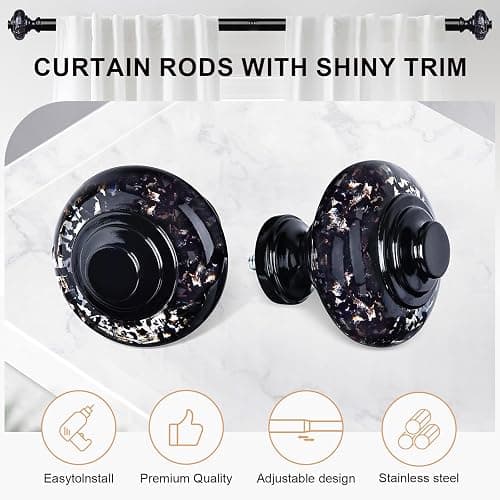 Black Crystal Curtain Rods for Windows 48 to 84 Inch, Decorative Vintage 1'' Diameter Curtain Rod with Black Foil Finial, Adjustable Heavy Duty Easy Install Drapery Pole Set for Farmhouse, Bedroom thumbnail 4