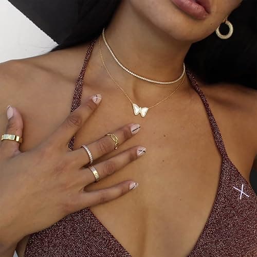 Luxval Tennis Necklace 14K Gold Plated Rhinestone Butterfly Choker Necklaces for women Dainty Zirconia Cut Faux Diamond chain 3mm thumbnail 3