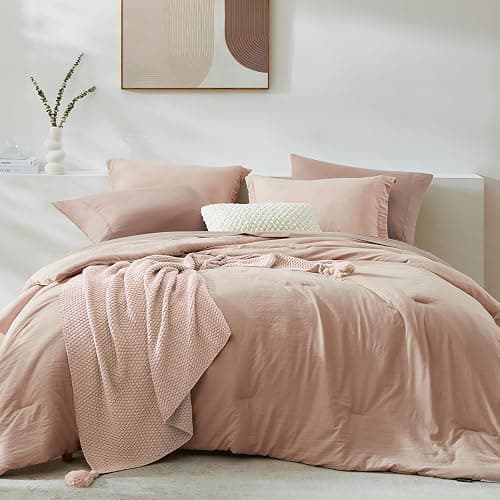 WRENSONGE Queen Comforter Set - 7 Pieces Clay Pink Soft Bed in a Bag Queen with Fitted Sheet, Flat Sheet, 2 Pillow Shams, and 2 Pillowcases- Warm Bedding Sets for All Season - Image 1