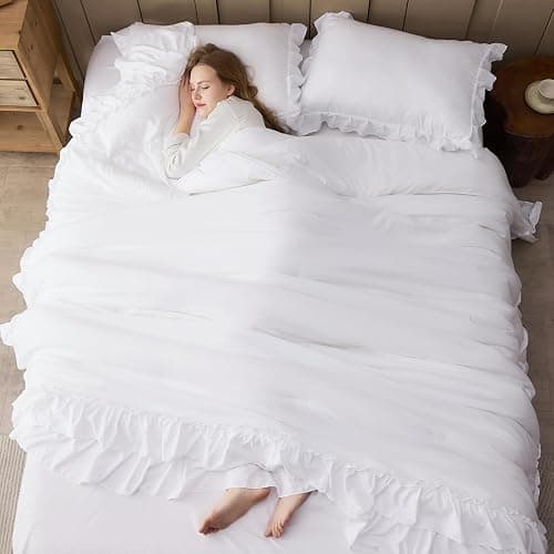 Andency White Comforter Set Queen Size, Lightweight Fluffy Farmhouse White Ruffle Bedding Set, Soft Polyester All Season Shabby Chic Bed Comforter Set 3 Pieces(1 Ruffle Comforter 2 Pillowcases) thumbnail 3