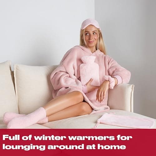 OHS Hot Water Bottle Gift Set Blush Pink, Gift Set Women Super Soft Warm Cosy Winter Christmas Gifts - 750ml Hot Water Bottle with Cover, Eye Mask, Fluffy Socks, Fluffy Scrunchie, Draw String Bag thumbnail 2