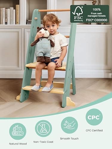 GROWNSY Foldable Step Stool Toddler Tower, Toddler Kitchen Stool Helper, Collapsible Kids Standing Learning Tower with 3 Adjustable Heights and Safety Net for Kitchen Bathroom Sink Counter (Green) thumbnail 9