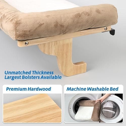 Zakkart Cat Perch for Window Sill with Bolster - Orthopedic Hammock Design with Premium Hardwood & Robust Metal Frame - Cat Window Seat for Large Cats and Kittens - Natural Color Wood Brown Bed, 24''W thumbnail 7