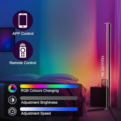 Corner Floor Lamp Smart LED Floor Lamp 142cm 16 Million Colors Smart RGB Corner Lamp Smart App and Remote Control Ambience Light with Music Sync for Bedroom Living Room Gaming Room thumbnail 4