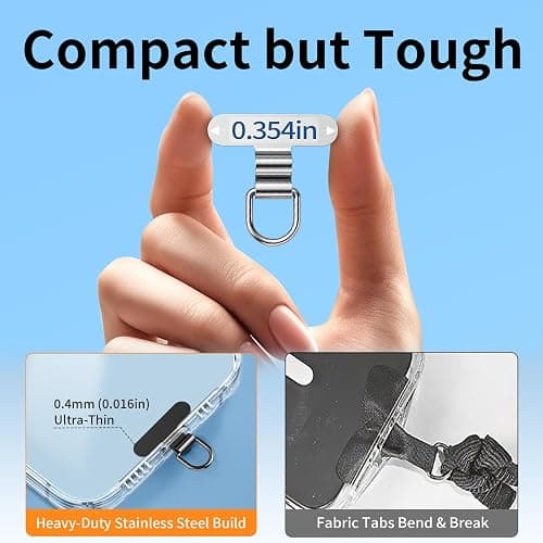 saxsion Phone Charm Holder, Mini Metal Tether Tab - Ultra Thin Stainless Steel Lanyard Patch for iPhone, Universal Wrist Strap & Crossbody Lanyard Clip (Fashion Silver+black) thumbnail 3