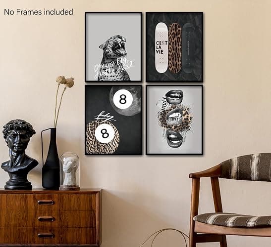KDHTY Vintage Cheetah Room Decor Y2k,Lucky 8 Leopard Skateboard Black and White Wall Art,Preppy Cheetah Room Decor College Dorm Bedroom Bathroom,Girl Aesthetic,8x10 Unframed Set of 4 thumbnail 5
