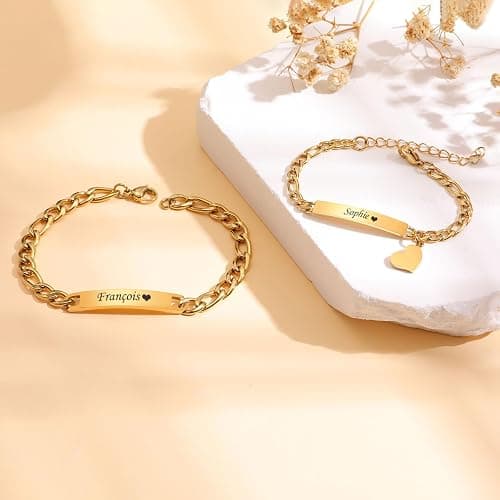 Personalized Matching Bracelet for Couple - Free Engraving Custom Couples Bracelets,Hypoallergenic Adjustable Stainless Steel Long Distance Relationship Jewelry,Promise Bracelet Gifts for Him and Her thumbnail 2
