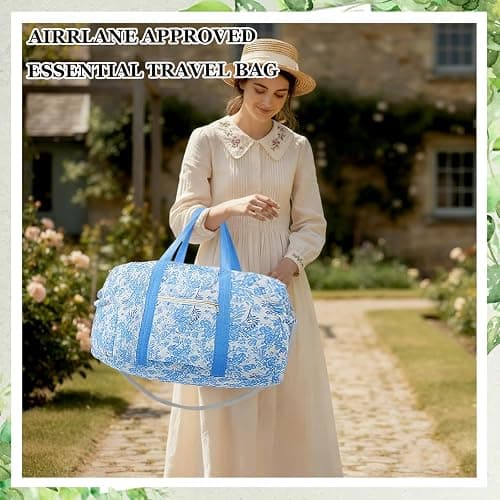 Dansydaisy Large Quilted Travel Duffle Bag for Women Floral Portable Gym Weekender Bag with Zipper Pockets Workout Grocery Pouch Duffle Gift Pouch for Christmas Work(Blue Floral) thumbnail 3