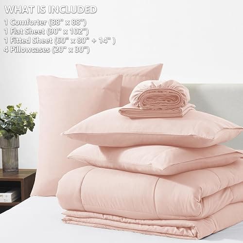 CozyLux Queen Comforter Set Blush Pink, 7 Pieces Bed in a Bag, Pink Comforters Queen Size, All Season Bedding Sets with Stitch Quilted Comforter, Flat Sheet, Fitted Sheet, Pillowcases thumbnail 6