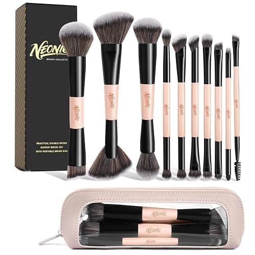 NEONIQ 10 PCS Foundation Contour Conceal Brush Set With Bag, Makeup Brushes, Double-End Multi-functional Brushes for Foundation Powder Blush Eyeliner Eyeshadows, Professional Face Brush Set（Pink） - Image 1