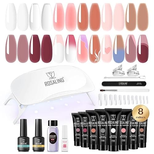 ROSALIND MINI Poly Nail Gel Kit, 8 Colors 0.34oz Each Tube Poly Nails Gel Starter Kit with Slip Solution and Mini UV Lamp, Clear Nude Purple Gels Extension Set for Beginners - Image 1