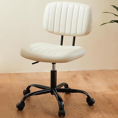 NEWBULIG Armless Small Office Desk Chair with Low Back Lumbar Support, PU Leather Computer Vanity Chair with 360° Swivel Rolling Wheels, Height Adjustable Task Chair for Small Space, White - Image 1