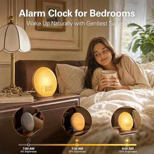 JALL Full-Screen Wake Up Light Sunrise Alarm Clocks for Bedrooms, White Noise Machine for Heavy Sleepers, 25 Natural Sounds, Dual Alarms, FM Radio, 17 Dimmable Colors, Bluetooth Speaker thumbnail 2