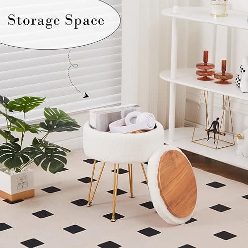 Cplxroc Footrest Footstools Round Faux Fur Ottoman with Storage Space Soft Vanity Chair Seat Coffee Table Ottoman Small Side Table Metal Legs with Adjustable Footings (Cream) thumbnail 3