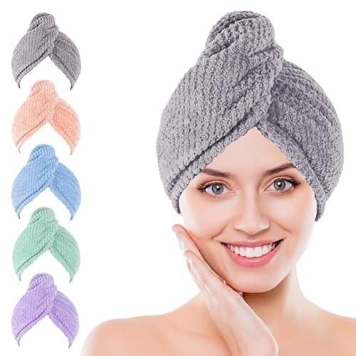 Kldnkig Soft Microfiber Hair Drying Towel Wrap, 5 Pack Elastic Hair Turbans for Fast Drying, Ideal for Women, Curly Wet Hair - Image 1