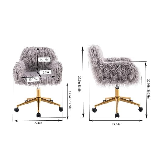 KCC Fluffy Office Desk Chair, Faux Fur Modern Swivel Armchair with Wheels, Soft Comfy Fuzzy Elegant Accent Makeup Vanity Chairs for Women Girls, Home Living Dressing Room Bedroom, Gray thumbnail 3