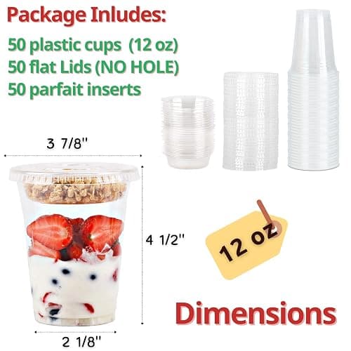 Aatriet Clear Plastic Parfait Cups with Insert &Lids No Hole - Yogurt Fruit Parfait Cups for Kids, for Dips and Veggies, Take Away Breakfast and Snacks. No Leaking (12oz. flat, 50sets) thumbnail 2