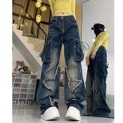PEAINJ Star Jeans for Women Girls Baggy Cute Patchwork Denim Pants Y2k High Waisted Jeans Grunge Aesthetic Clothes thumbnail 2