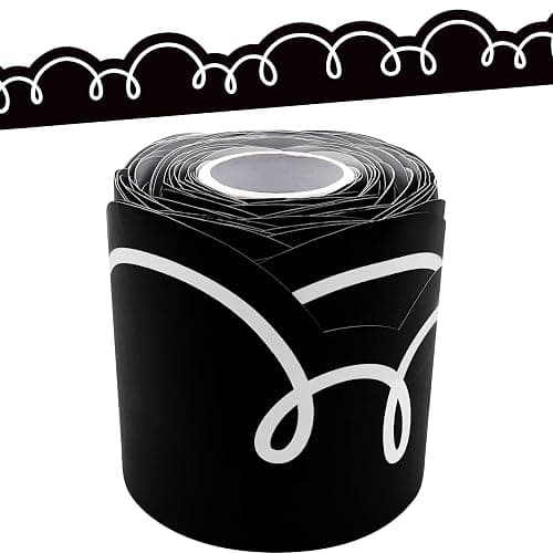 Teacher Created Resources Black with White Squiggles Die-Cut Rolled Border Trim - 50ft - Decorate Bulletin Boards, Walls, Desks, Windows, Doors, Lockers, Schools, Classrooms, Homeschool & Offices - Image 1