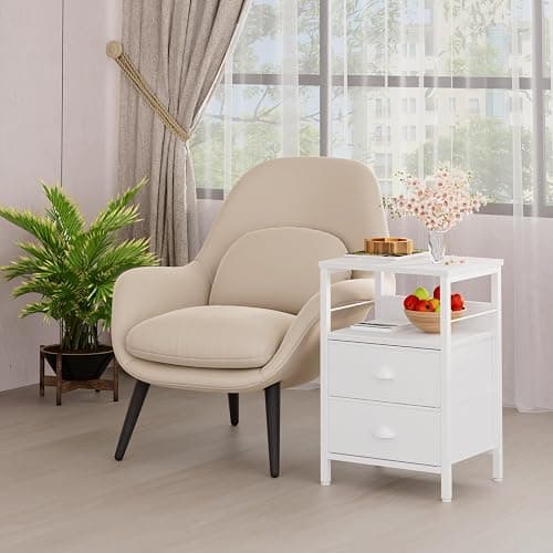 Furologee Nightstand with 2 Fabric Drawers, White Bedside Table with 2-Tier Shelf, Side Table with Hooks and Wood Top for Bedroom/Living Room/Hallway/White - White - 1pc thumbnail 4