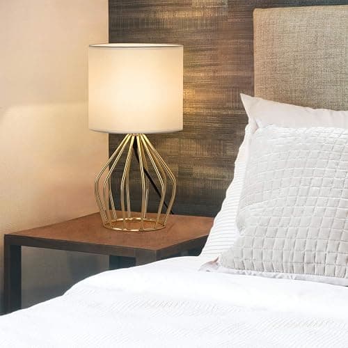 HAITRAL Gold Table Lamp - Modern Style Desk Lamp with Hollowed Out Base Linen Fabric Shade, Small Golden Bedside Lamp for Bedrooms, Living Room thumbnail 3
