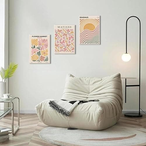 BingruiArt Boho Abstract Wall Art Yellow Canvas Flower Market Posters Set of 3 Bauhaus Pictures Matisse Print Floral Aesthetic Painting Decor for Dorm Living Room Bedroom 12"x16" Framed thumbnail 2