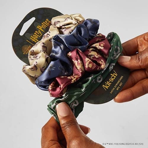 Harry Potter x Kitsch Satin Scrunchies - Softer Than Silk, Damage Free Hair Ties for Girls and Women, Featuring All House Crests - Hair Accessories for All Hair Types, Ideal for Daily Use - Set of 4 - 4 Count (Pack of 1) - Multicolored thumbnail 7