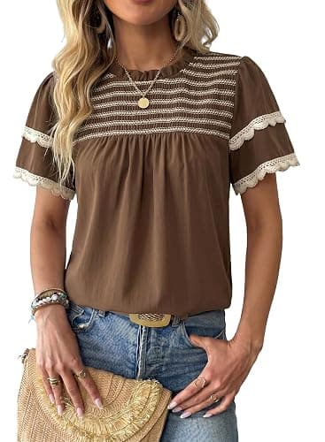 Dokotoo Womens Summer Smocked Tops Crewneck Short Ruffle Sleeve Blouses | Flowy Boho Clothes,Stylish Lace Trim,Summer Outfits,Striped,Casual Layered Sleeve,Babydoll Shirts,Texture,Back Keyhole - Image 1