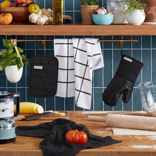 KitchenAid Quilted Cotton Terry Cloth Oven Mitt, Pot Holder, Kitchen Towel 4-Pack Set, Heat Resistant, Silicone Grip, Gift Set, Matte Black, 16"x26", 7"x13" & 7"x10" thumbnail 2