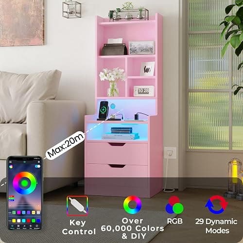 ADORNEVE Tall Nightstand Set of 2 with LED Lights,Pink | Tall Night Stand with Charging Station and Bookshelf,Bedside Table with Drawers,Side Tables Bedroom thumbnail 4