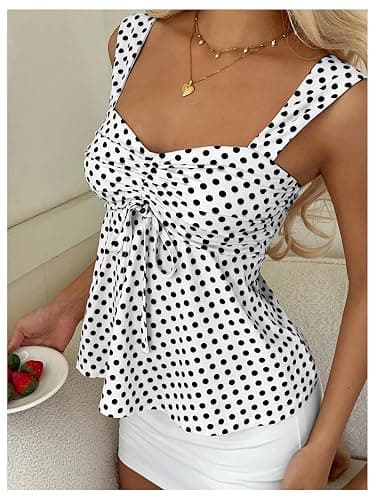 SOLY HUX Women's Babydoll Tops Summer Cute Polka Dots Tank Top | Sleeveless, Ruched, Drawstring, Peplum Tops, Cute Summer Tops for Teens thumbnail 4