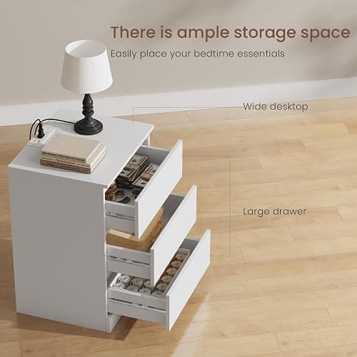 Draelibor Nightstands Set of 2 with Charging Station and Drawer, White | Bedside Tables with 3 Drawers, Modern End Tables for Bedroom, 2 AC Outlets and 2 USB Ports, 15.7" W x 13" D x 21.7" H thumbnail 7
