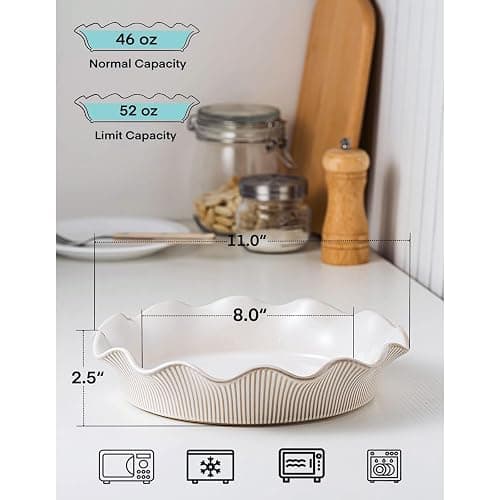 MIKIGEY Ceramic Deep Pie Pan for Baking, 11 inch Porcelain Pie Dish for Apple Pie, Oven & Dishwasher Safe, Farmhouse Decor, 48 Ounce Deep Plate for Kitchen, Non-Stick Pie Pans, Off-White thumbnail 3