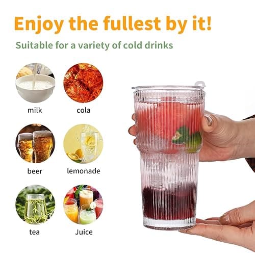 Glass Cups with Lids and Straws - 18oz Glass Tumbler with Straw and Lid, Premium Coffee Cups for Tea, Iced Coffee, Smoothie，Ideal Gift for Home, Office, 4pack thumbnail 5