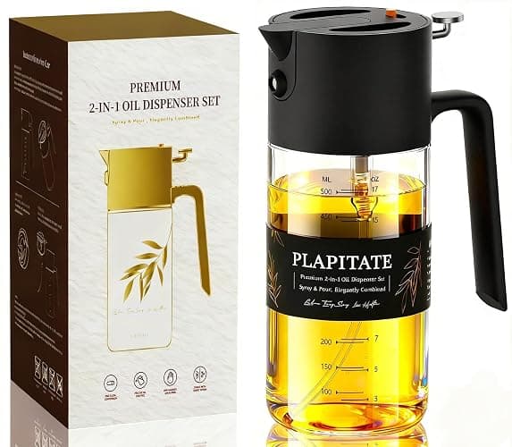 PLAPITATE 17oz/500ml Premium Olive Oil Sprayer for Cooking, 2 in 1 Glass Olive Oil Dispenser Bottle for Kitchen Gadgets, Spray Bottle with Portion Control for Salad, Frying, BBQ (Black) - Image 1