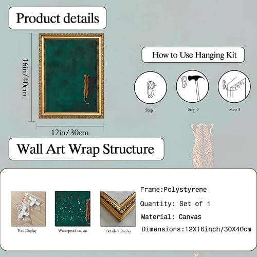 Vintage Gold Framed Cheetah Wall Art, Emerald Green leopard Pictures Wall Decor, Eclectic Wildlife Animal Paintings Canvas Prints Minimalist Home Decor for Living Room Bedroom Office Dorm 12x16 inch thumbnail 5