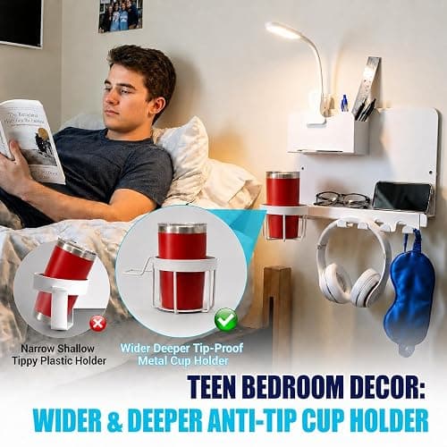 Metal Bedside Wall Shelf, Bedside Floating Shelf Wall Organizer with Detachable Cup Holder, No Drill Wall Mount for Bedroom, Dorm Room Decor, Nightstand Alternative, Bunk Bed Accessories, RV Storage thumbnail 4