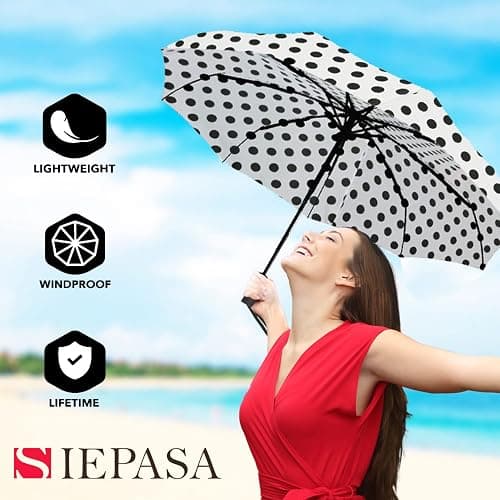 SIEPASA Windproof Travel Compact Umbrella-Automatic Umbrellas for Rain- Small Portable Windproof Umbrellas for Men Women Teenage. (White Polka Dots) thumbnail 8