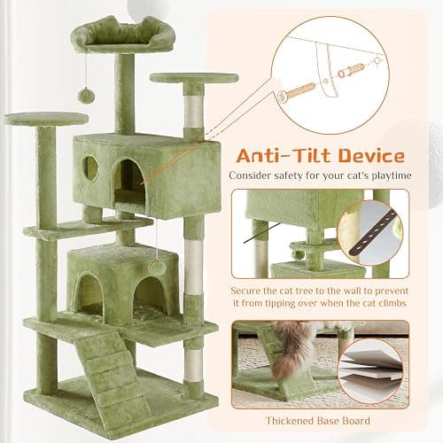 Sweetcrispy 54 Inch Cat Tree Tower, Multi-Level with Cat Scratching Post, Indoor Cat Condo with Climbing Ladder, Plush Toy, Play House for Cat, Green thumbnail 6