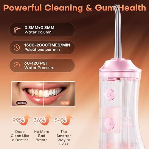 Water Dental Flosser - Portable Cordless Oral Irrigator 300ML, Rechargeable IPX7 Waterproof Irrigation Cleaner for Teeth Cleaning & Flossing, Travel & Home Use (Pink) thumbnail 3