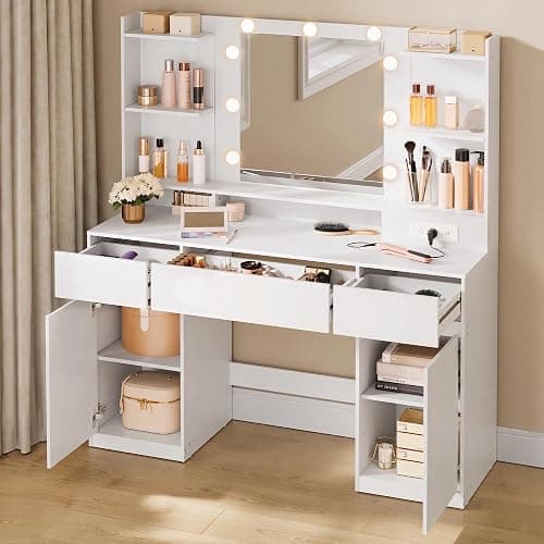 VASAGLE 43.3-Inch Vanity Desk with Mirror and Lights, 3 Drawers 2 Cabinets | Modern Vanity Table with 9 LED Bulbs, Power Outlets, for Bedroom, Cloud White, KAILYN Collection URDT142WB01S - Image 1