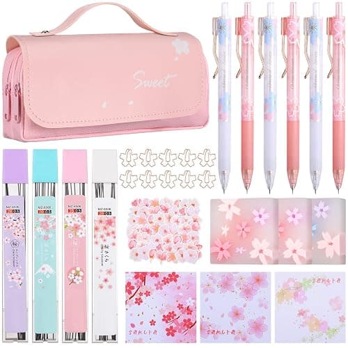 Crtiin 74 Pcs Kawaii Cherry Blossom Stationery Set Japanese Kawaii Pencil Bag Mechanical Pencil Cherry Erasers Pencil Refill and Stickers for Office Party Favors(Pink) - Image 1